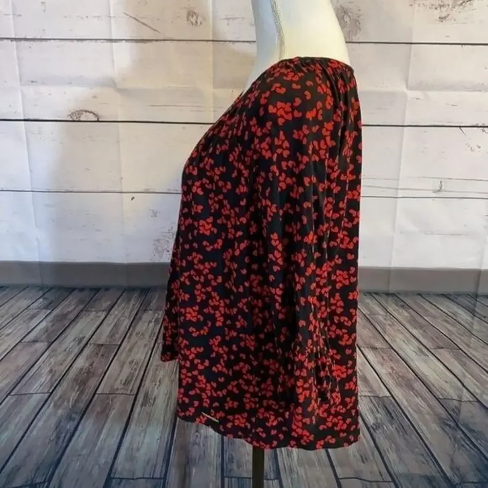 Michael Kors Shirt Womens Large Black Red Hearts Ruffle‎ Sleeve Popover Romantic